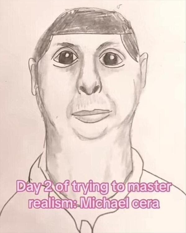 A funny meme dump of a terrible pencil drawing of the actor Michael Cera.