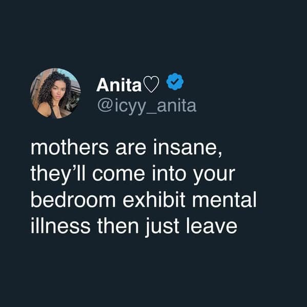 A meme dump tweet about how mothers will come into your room, be insane, and then leave.
