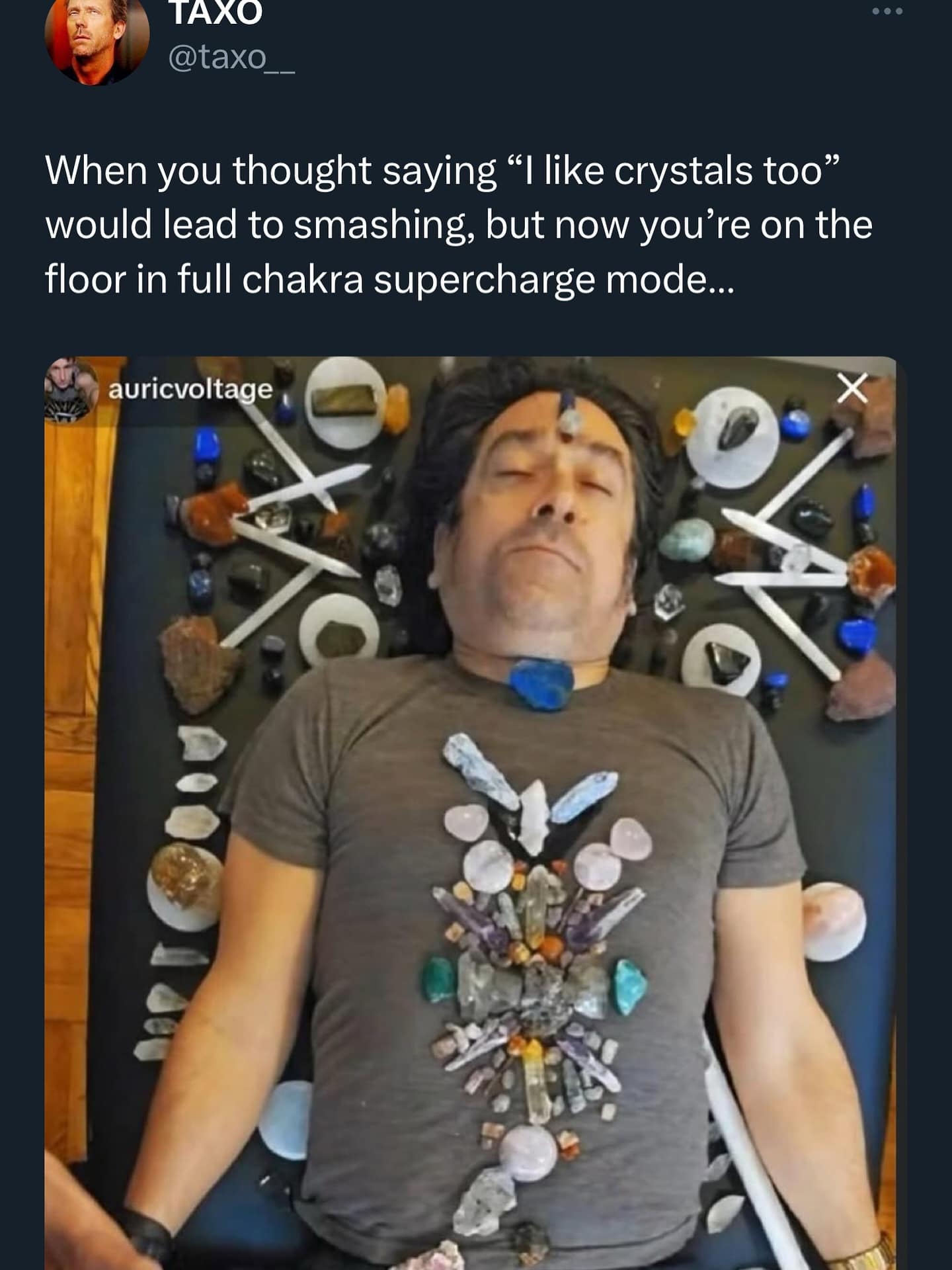 A funny meme dump about a date going wrong after saying "I like crystals too."