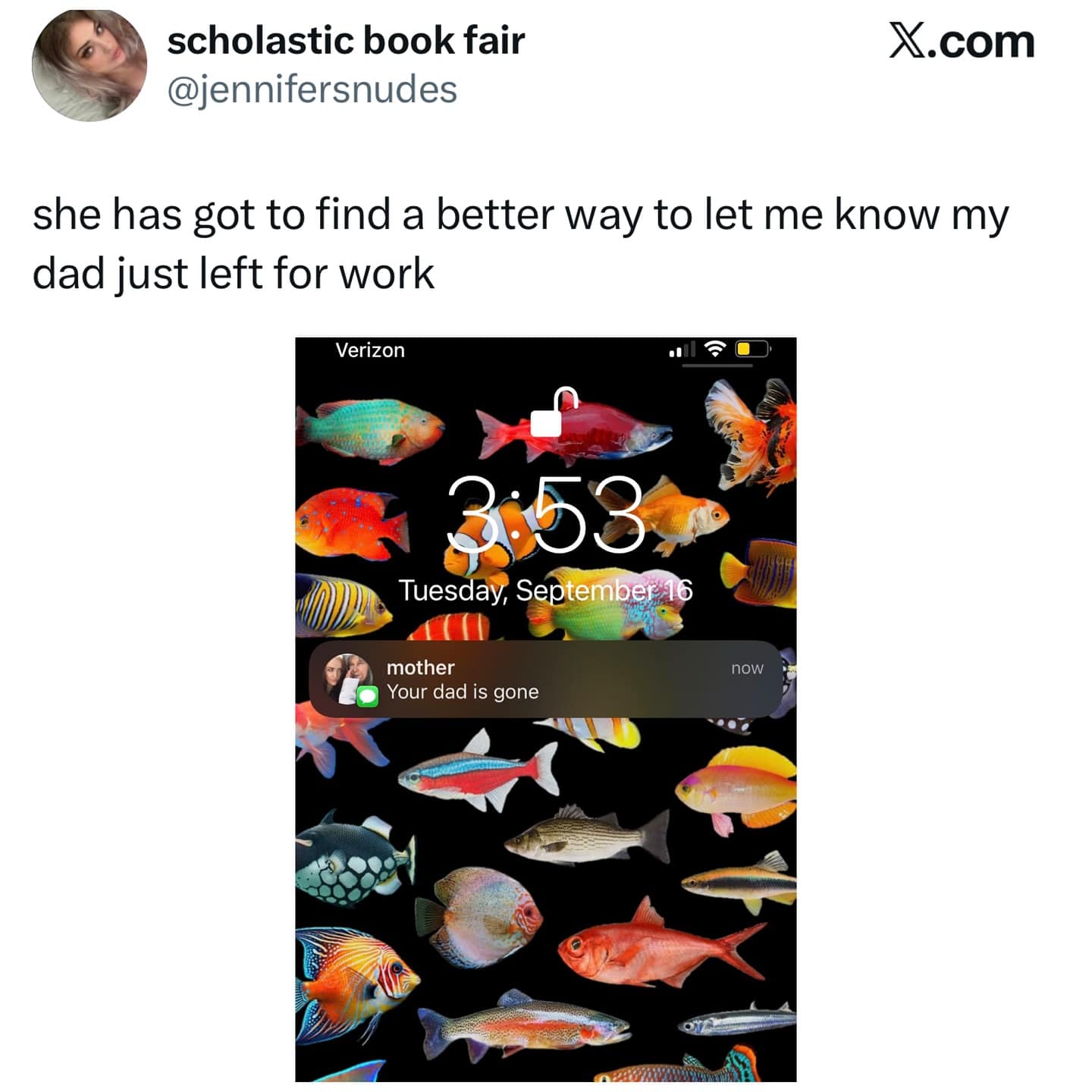 A meme dump of a tweet about a mother's poorly phrased text message saying "Your dad is gone."