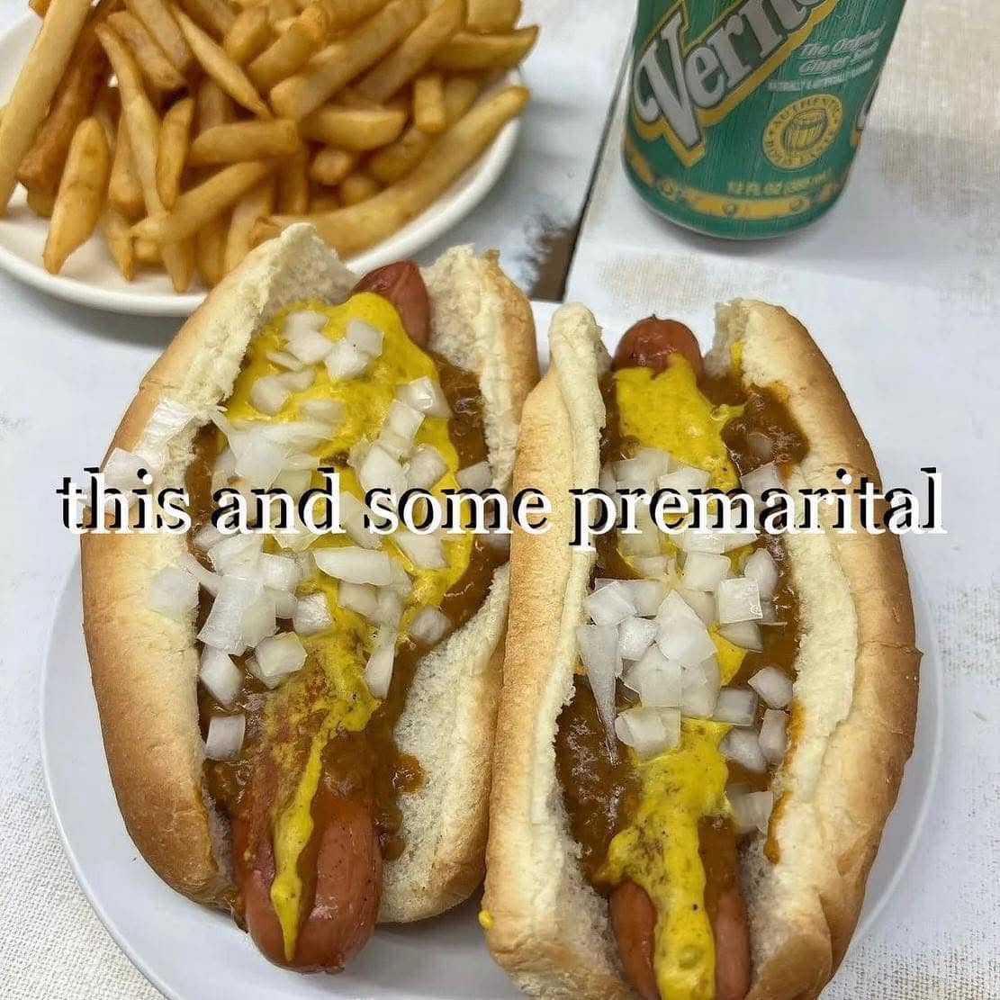 A funny meme dump image of chili dogs with the caption about premarital relations.