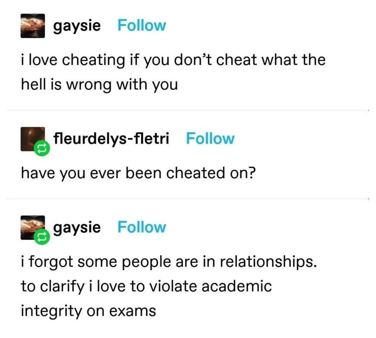 Tumblr thread where “I love cheating” is clarified to mean academic cheating on exams, not relationships.