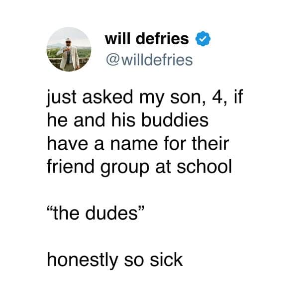 A meme dump of a wholesome tweet about a 4-year-old's friend group called "the dudes."