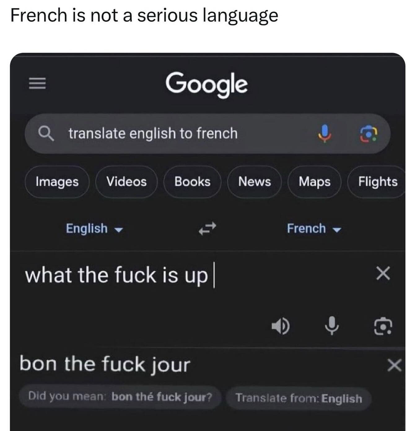 A meme dump screenshot of Google Translate turning a curse word into "bon the f*ck jour."