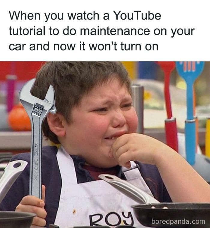 A funny meme of a crying child from a cooking show holding a wrench, representing a failed DIY car repair after watching YouTube.