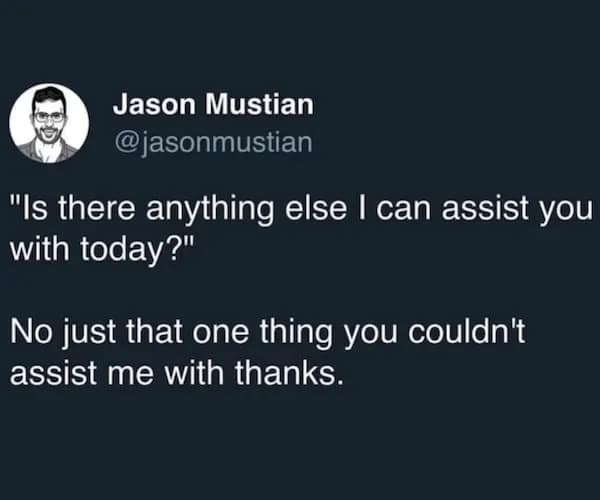 Snarky customer-service tweet: agent asks “anything else I can assist with?” after not helping with the main issue.