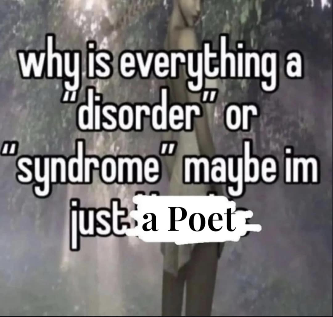 A blurry, aesthetic funny meme with the text "why is everything a 'disorder' or 'syndrome' maybe im just a Poet."