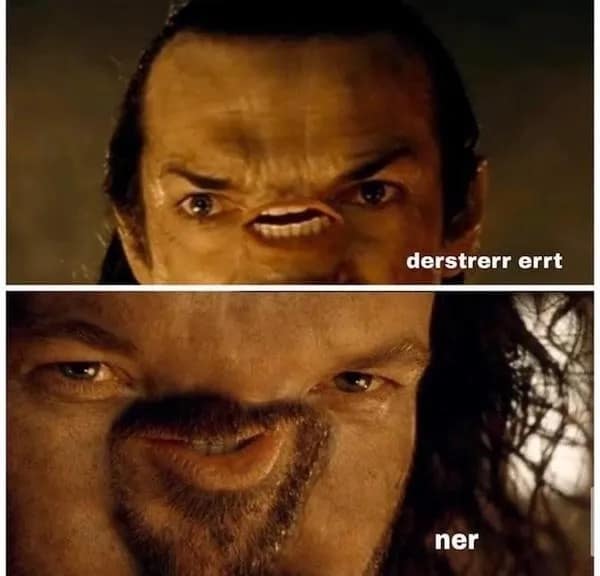 Two-panel Lord of the Rings scene with faces flipped/upside-down and garbled captions for a cursed, surreal effect.