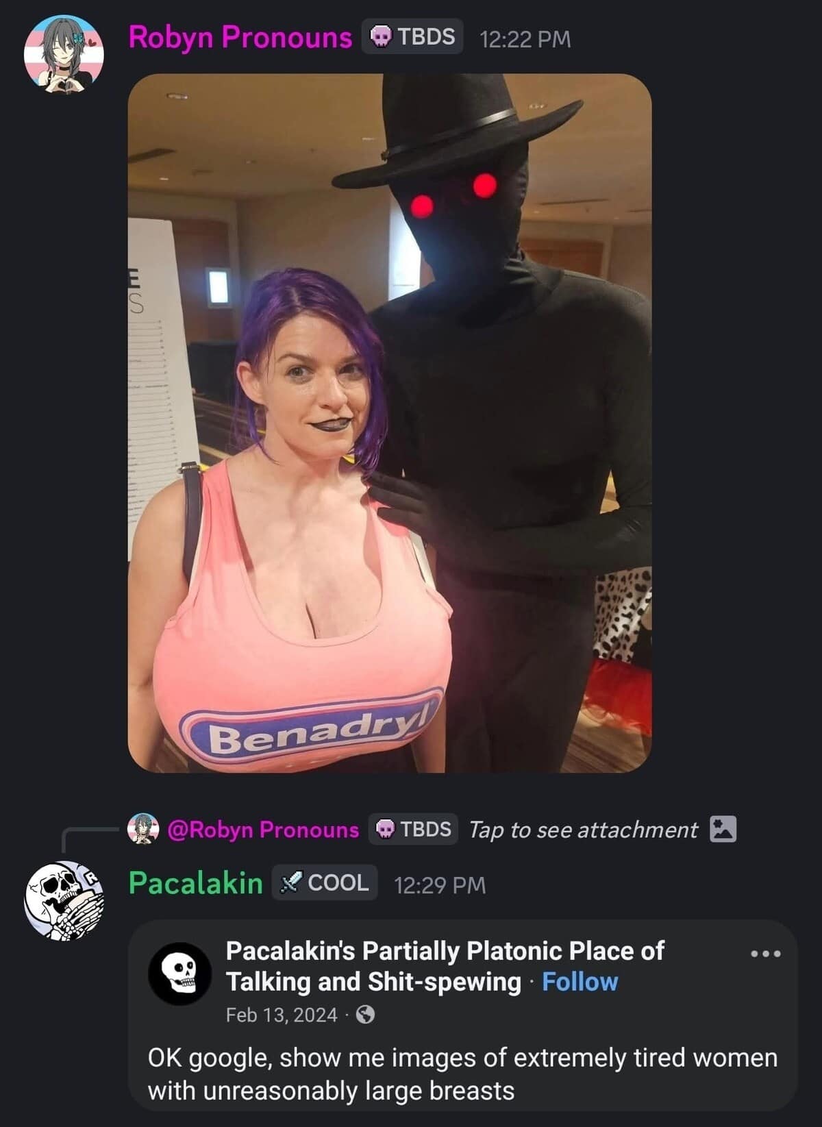 A meme dump image showing a Benadryl cosplay and a hilarious corresponding Google search request.