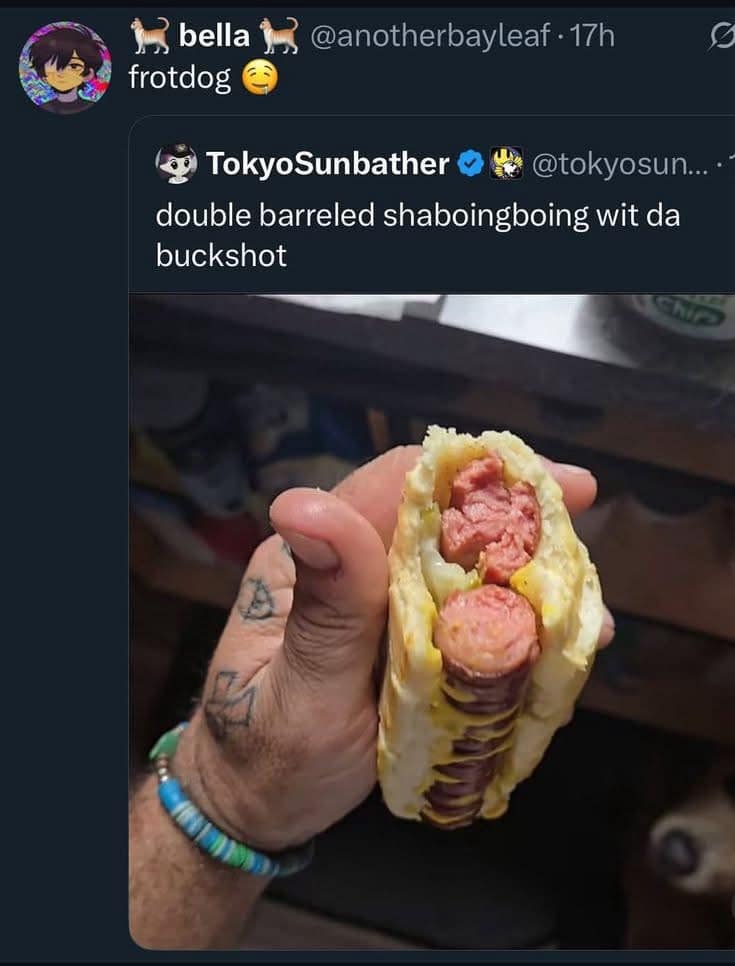 A meme dump tweet of a cursed hot dog that has been split down the middle.