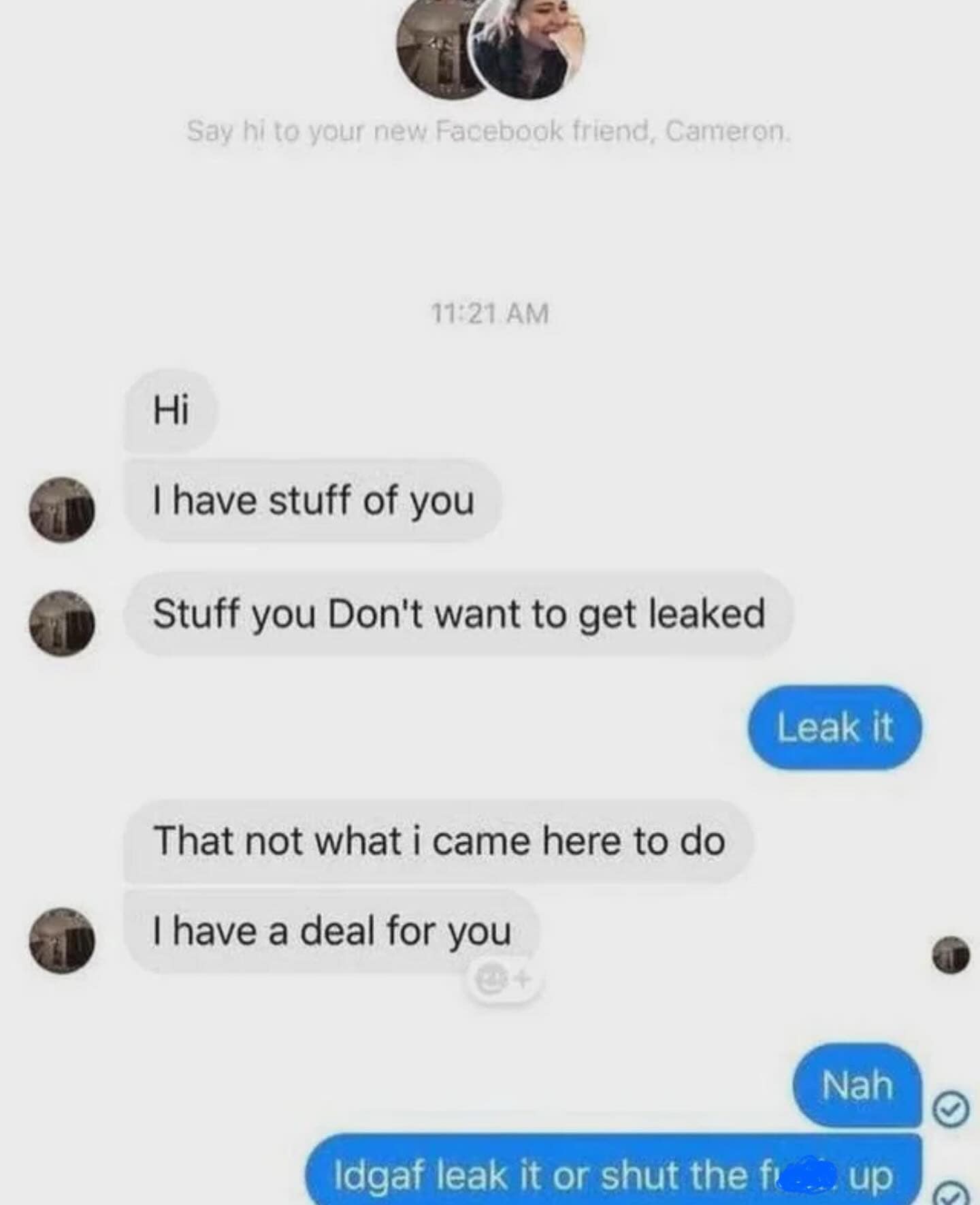 A meme dump screenshot of someone completely shutting down a blackmailer in a text message exchange.