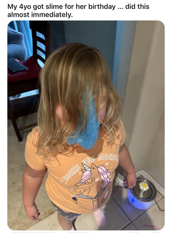 A funny meme from a parent showing their four-year-old with a face full of blue slime almost immediately after getting it.
