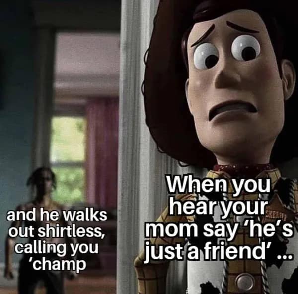 A meme dump using Woody from "Toy Story" to describe the pain of being called "champ" by your mom's new friend.