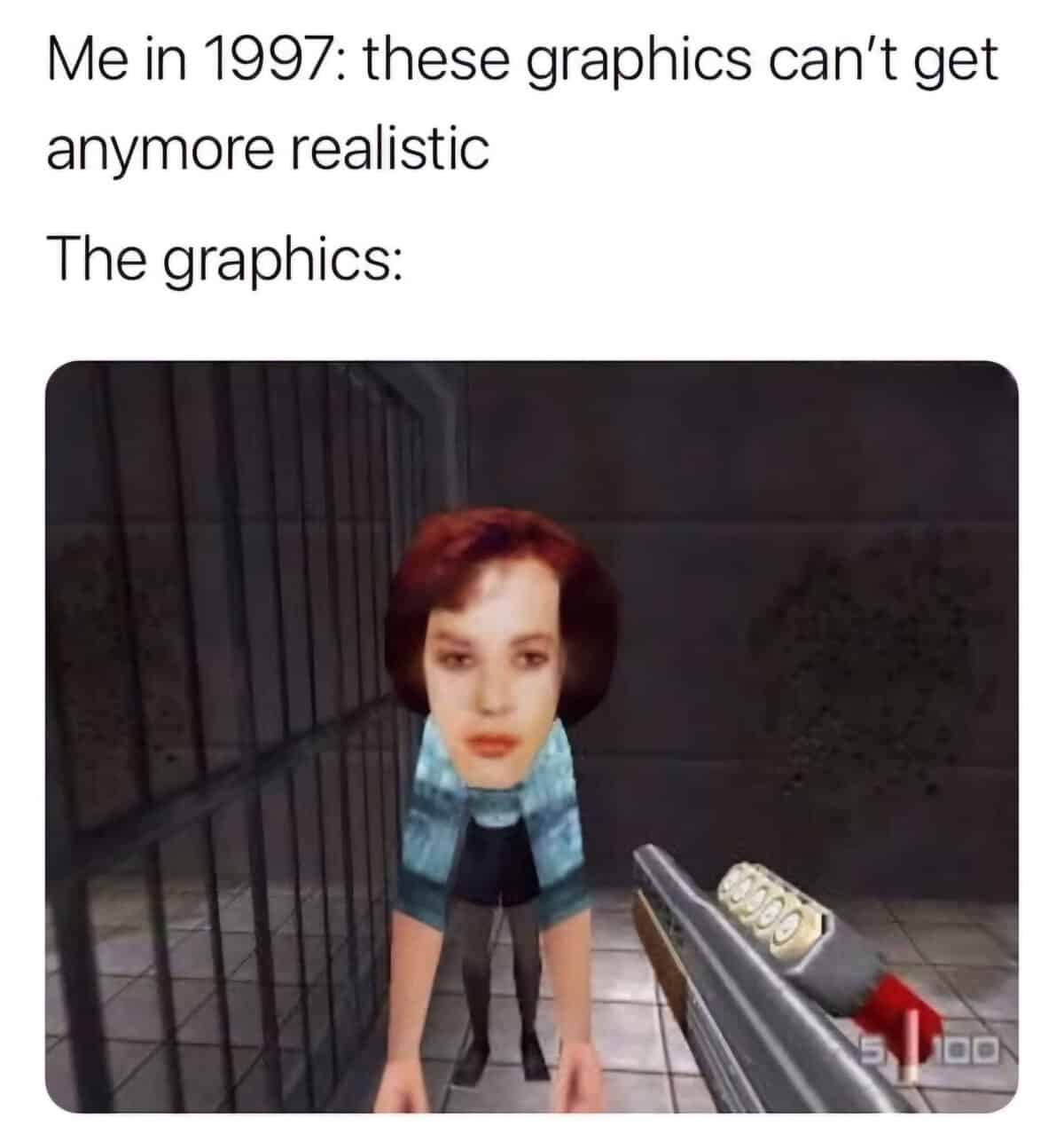 A 90s meme showing the blocky graphics from the N64 game GoldenEye 007, which millennials thought were realistic in 1997.