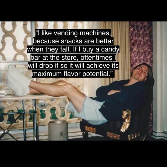 Mitch Hedberg's surreal joke about intentionally dropping candy bars from the store to replicate the satisfying "vending machine fall."