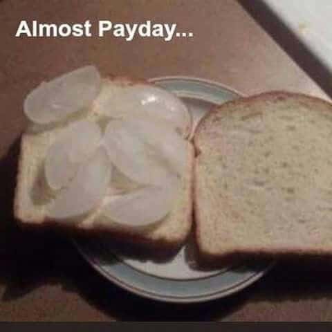 A funny photo of a sad "ice cube sandwich," representing the struggle meal you eat when you're broke before payday.