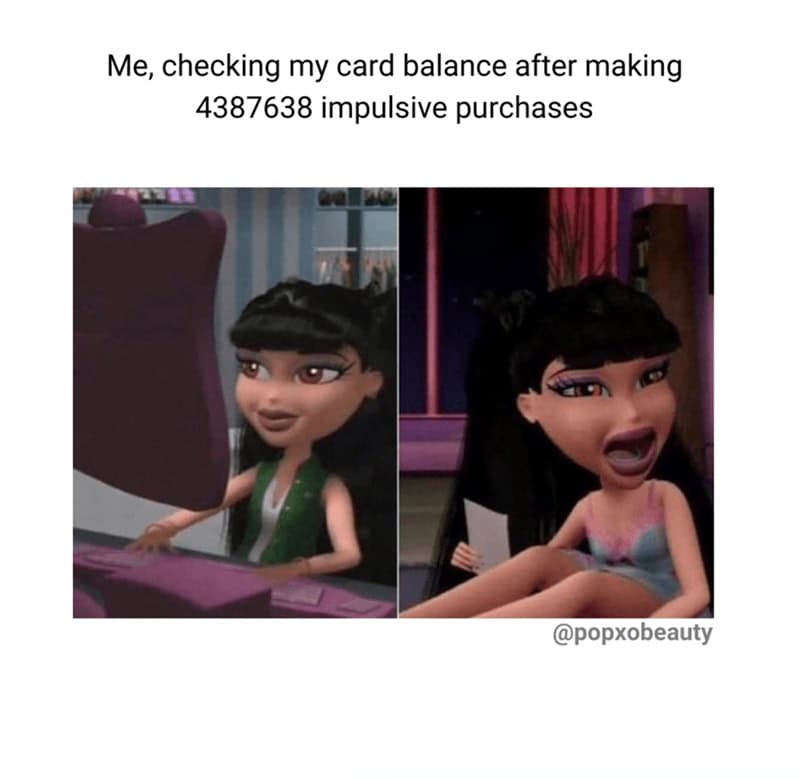 A two-panel Bratz doll meme showing the happiness of online shopping versus the shock of seeing the final bill.