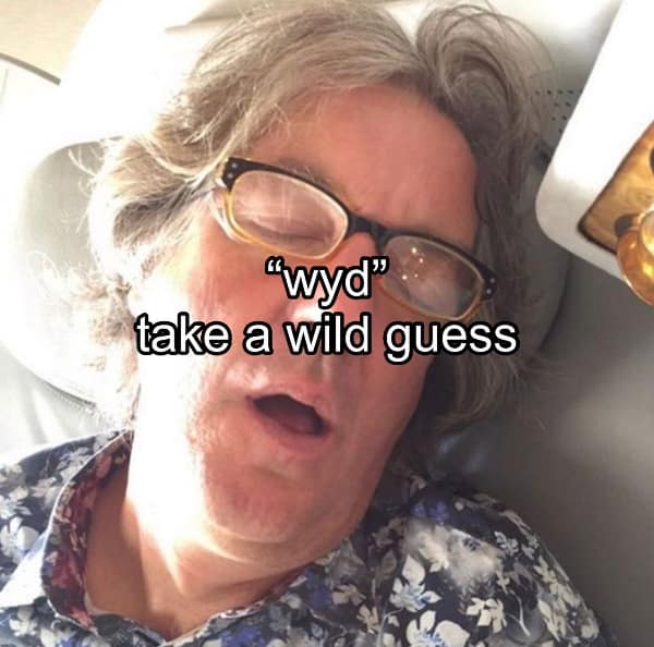 A very funny and unflattering meme of a sleeping James May from the show Top Gear, which is used as a perfect visual reply to someone sending you a "wyd" text message.