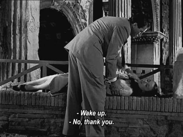 A classic and romantic scene from the movie Roman Holiday, where the character played by Audrey Hepburn politely declines to be woken up by saying, "No, thank you."