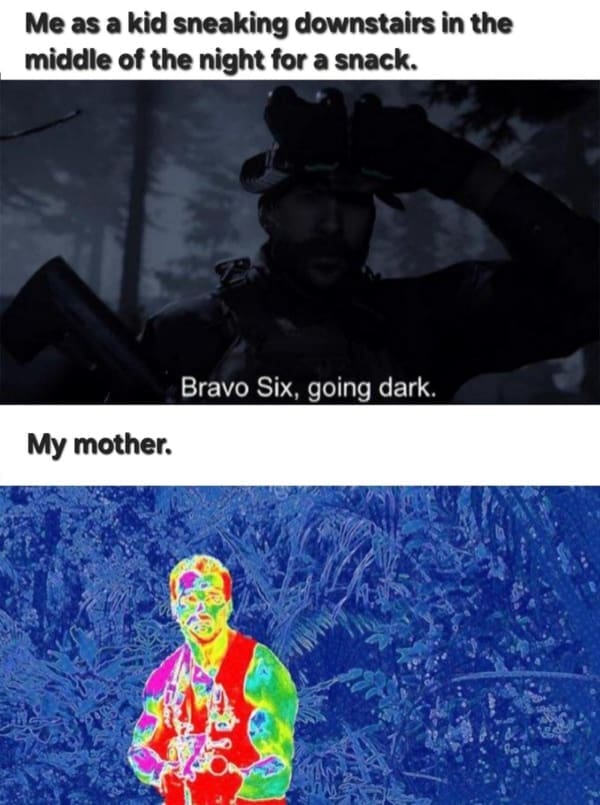 A nerd meme comparing a kid sneaking for a snack to Call of Duty and Predator.