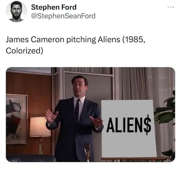 A nerd meme with Don Draper from Mad Men pitching the movie "Aliens" to executives.