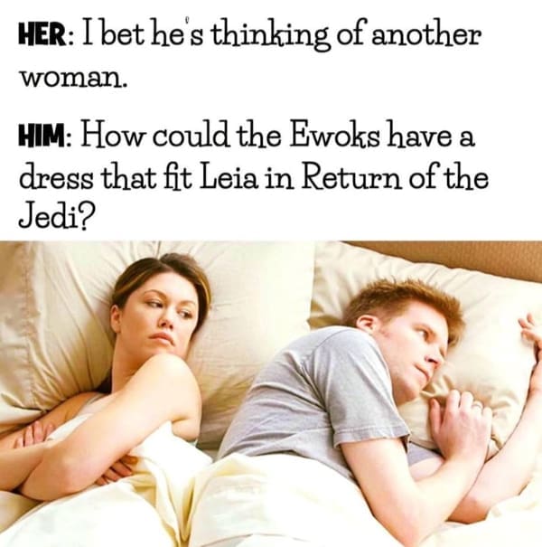 A classic nerd meme about men thinking about Star Wars plot holes in bed.