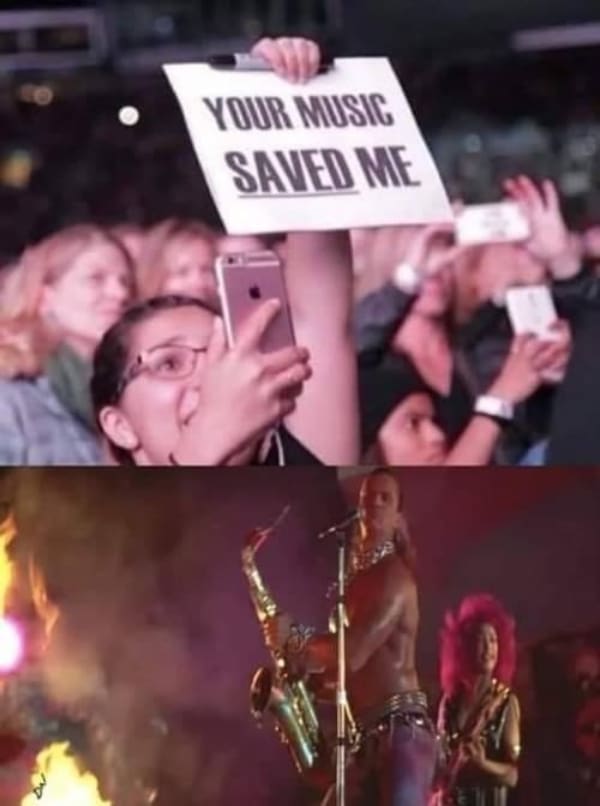 A nerd meme where a fan's "Your music saved me" sign is for Sexy Sax Man.