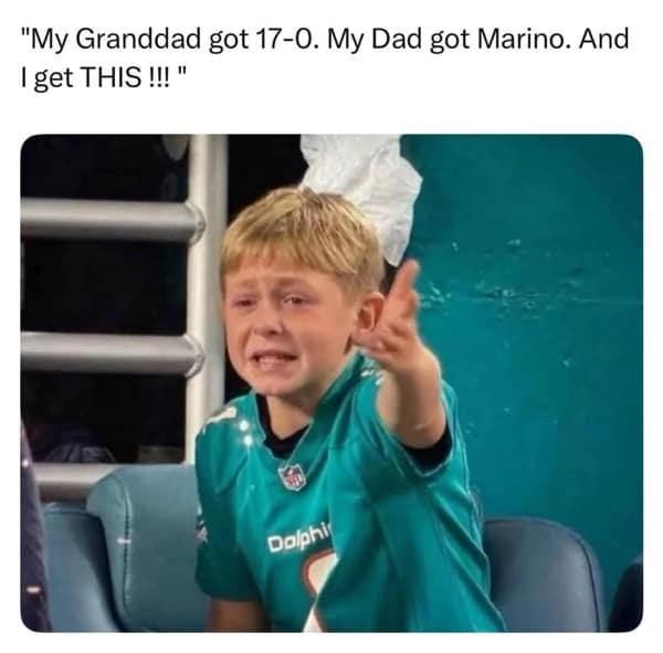A funny NFL meme of a young, crying Miami Dolphins fan who is upset with the current team's poor performance.