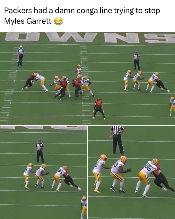 A funny NFL meme of the Green Bay Packers offensive linemen forming a conga line while failing to block Myles Garrett.