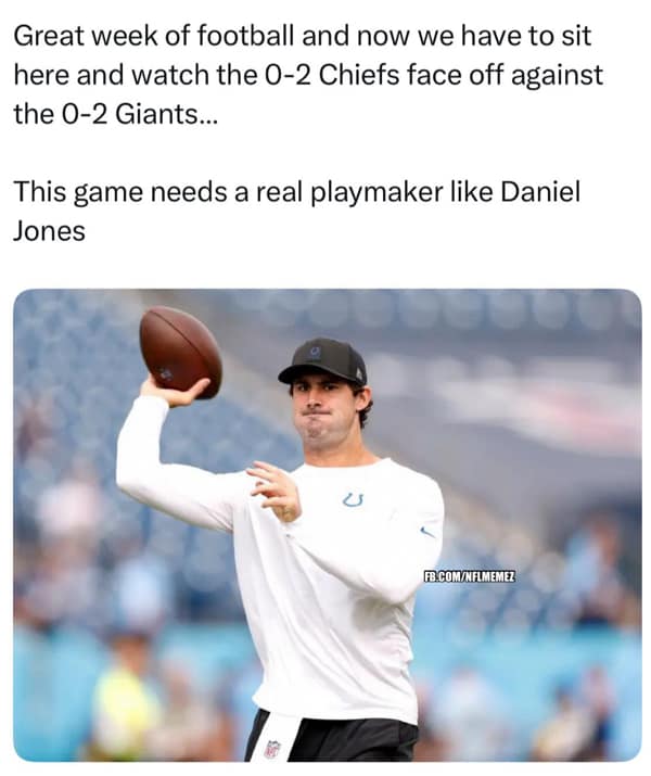 A sarcastic NFL meme complaining about a bad game and ironically calling for a player who isn't even in the game.