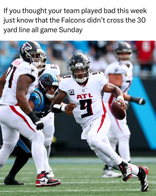 A funny NFL meme roasting the Atlanta Falcons for their historically terrible offensive performance in a recent game.