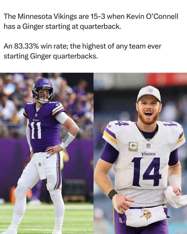 A funny and fake stat about the Minnesota Vikings having the best all-time record when starting a ginger quarterback.