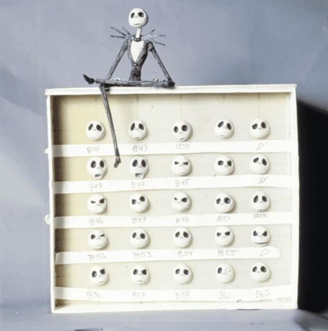 A behind-the-scenes look at the many interchangeable heads used for the Jack Skellington stop-motion puppet in the film.