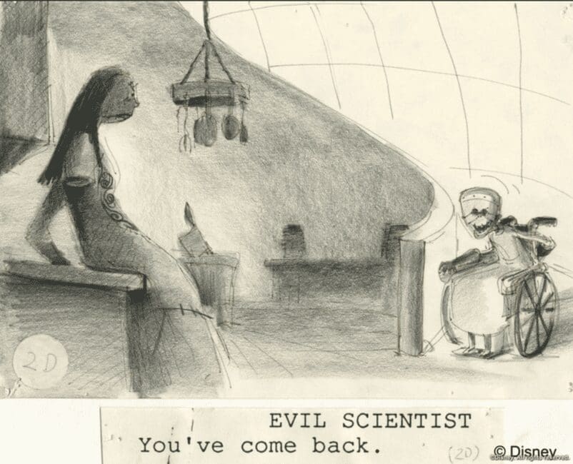 An original storyboard sketch of Sally and her creator, Dr. Finkelstein, from The Nightmare Before Christmas.