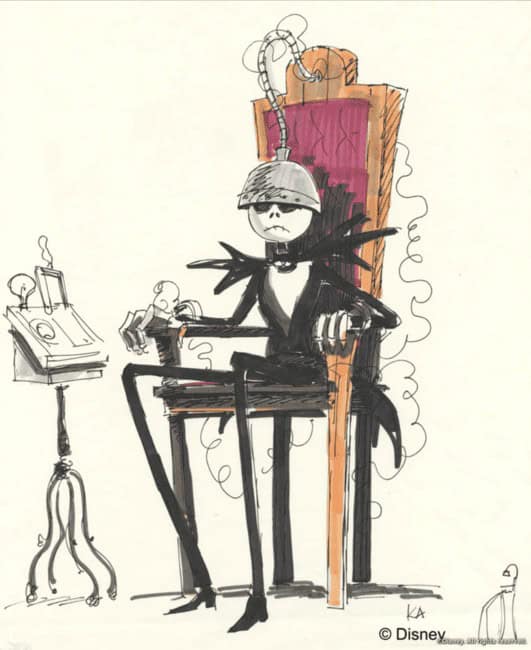 Early concept art showing Jack Skellington in a chair with a strange helmet and wires attached to him.