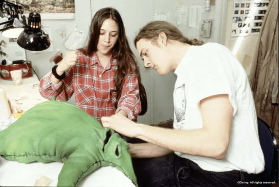 Two talented artists working together in the workshop to sew and construct the large Oogie Boogie puppet.