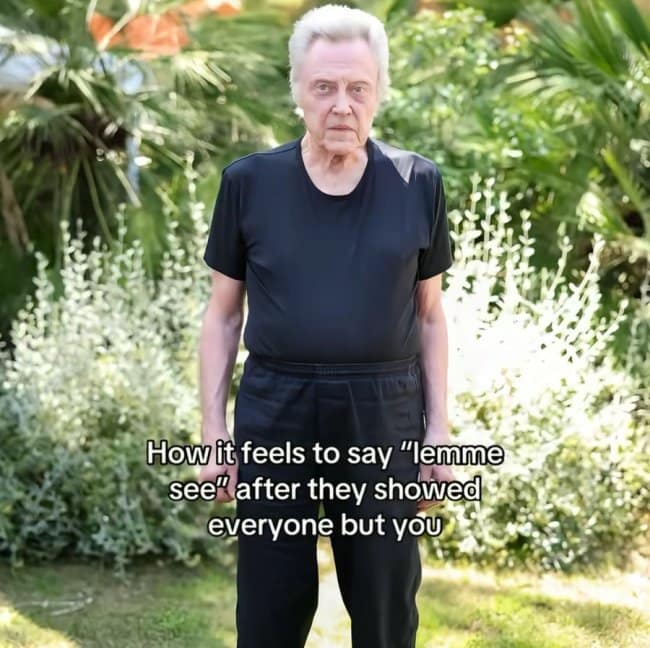 A meme of the actor Christopher Walken standing awkwardly, which is used to represent the uncomfortable feeling of asking to see a photo after everyone else already has.
