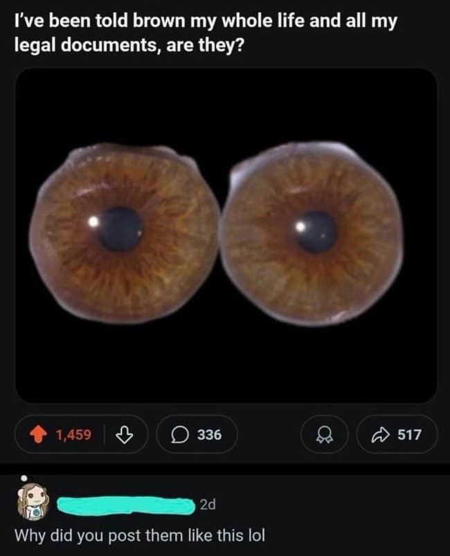 A screenshot of a Reddit post where a user has posted a creepy picture of their two disembodied eyeballs just to ask other users about their eye color.
