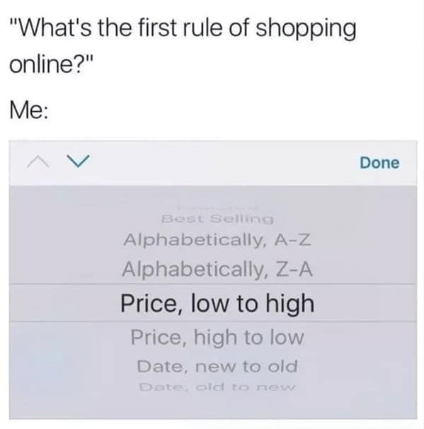 Sort menu on a shopping app with “Price, low to high” highlighted.