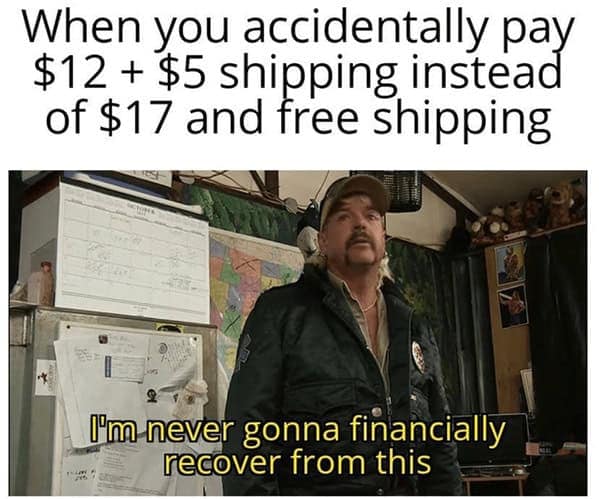 Man in a cluttered room with caption about paying $12 + $5 shipping instead of $17 with free shipping.