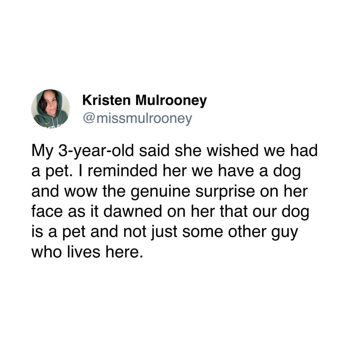 A funny parenting meme about a 3-year-old who is shocked to learn the family dog is a pet and not just a roommate.