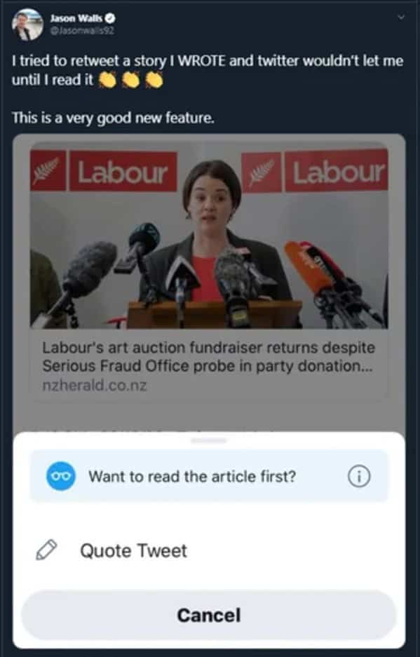 A funny and frustrating screenshot of a journalist who is being stopped from retweeting an article by Twitter's "read before you share" feature, even though he wrote the article.