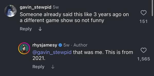 A screenshot of a comment where a user accuses a comedian of stealing a popular joke, but the comedian clarifies that he was the one who told it originally.