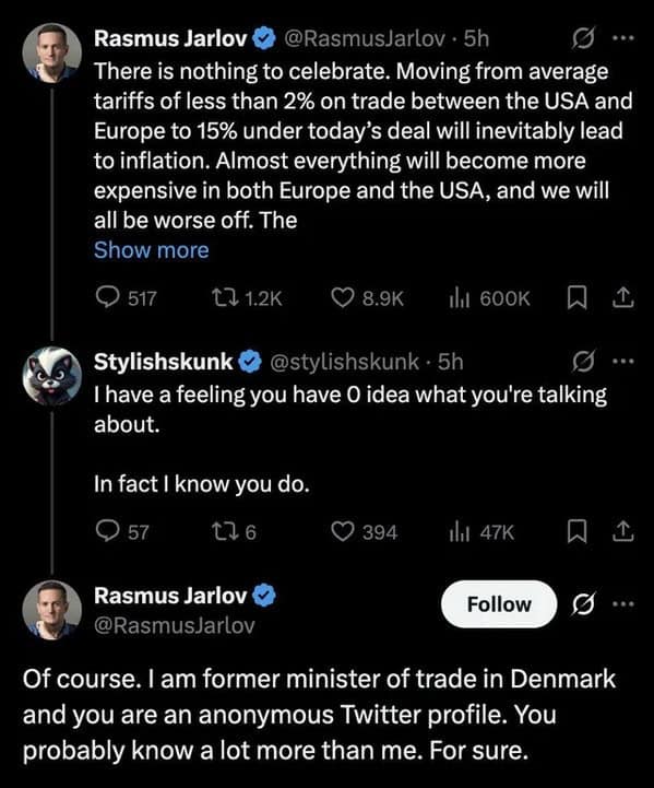A screenshot of a Twitter exchange where an anonymous user tells the former Danish minister of trade that he knows nothing about trade, and gets a very sarcastic reply.