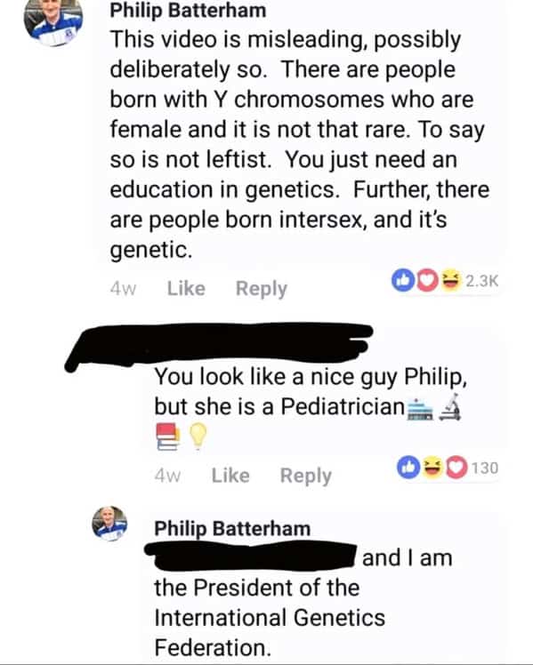 A classic screenshot where a Facebook user tries to correct someone on a point about genetics, who then reveals that he is the President of the International Genetics Federation.