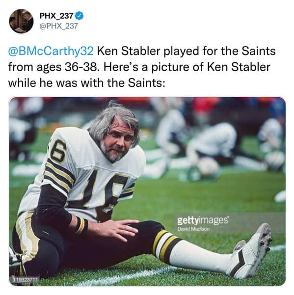 A photo of the legendary NFL quarterback Ken Stabler looking like he was in his 50s when he was only in his late 30s.