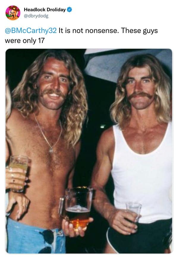 A shocking and funny photo of two 17-year-old Australian surfers from the past who look like they are in their late 30s.