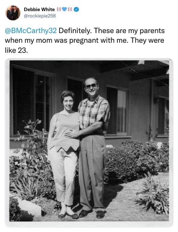 A user in the thread shares a vintage black-and-white photo of her parents looking like middle-aged adults when they were only 23 years old.