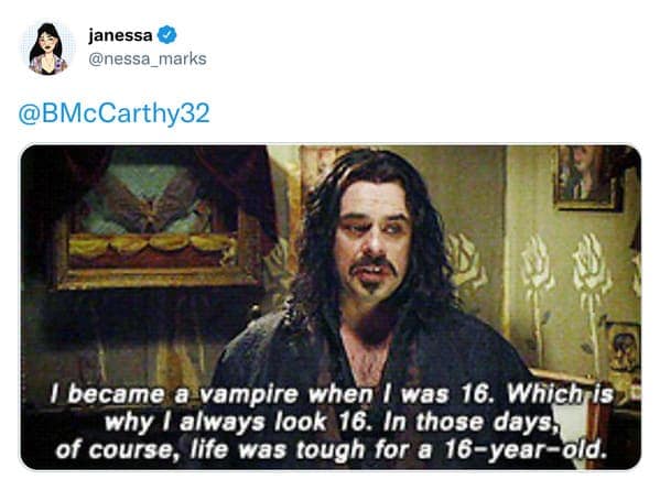 A funny screenshot from the TV show What We Do in the Shadows that jokes about how 16-year-olds in the past looked much older.