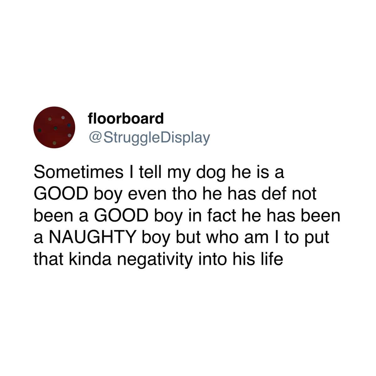 A pet meme tweet about telling your dog he is a good boy even when he has been a naughty boy.